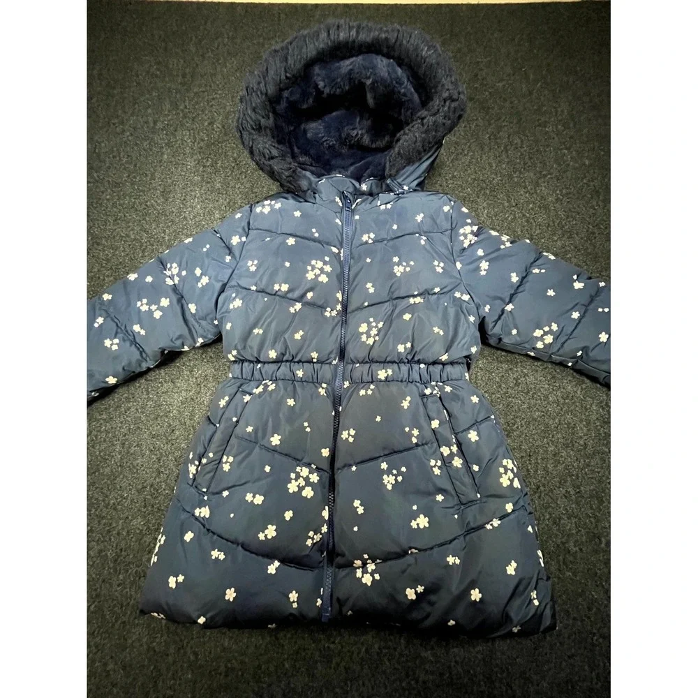 Member's Mark Puffer Jacket Girls M 7/8 Navy Blue Floral Faux Fur Hood Full Zip